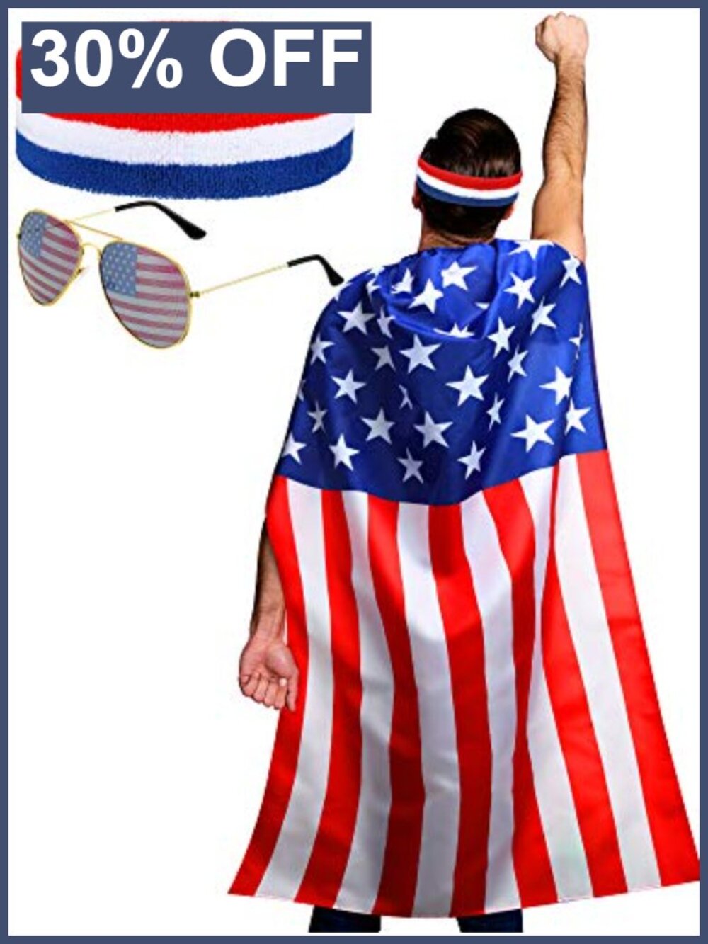 Patriotic USA Flag Cape Sunglasses Bandana Costume Set Adult 3-Piece